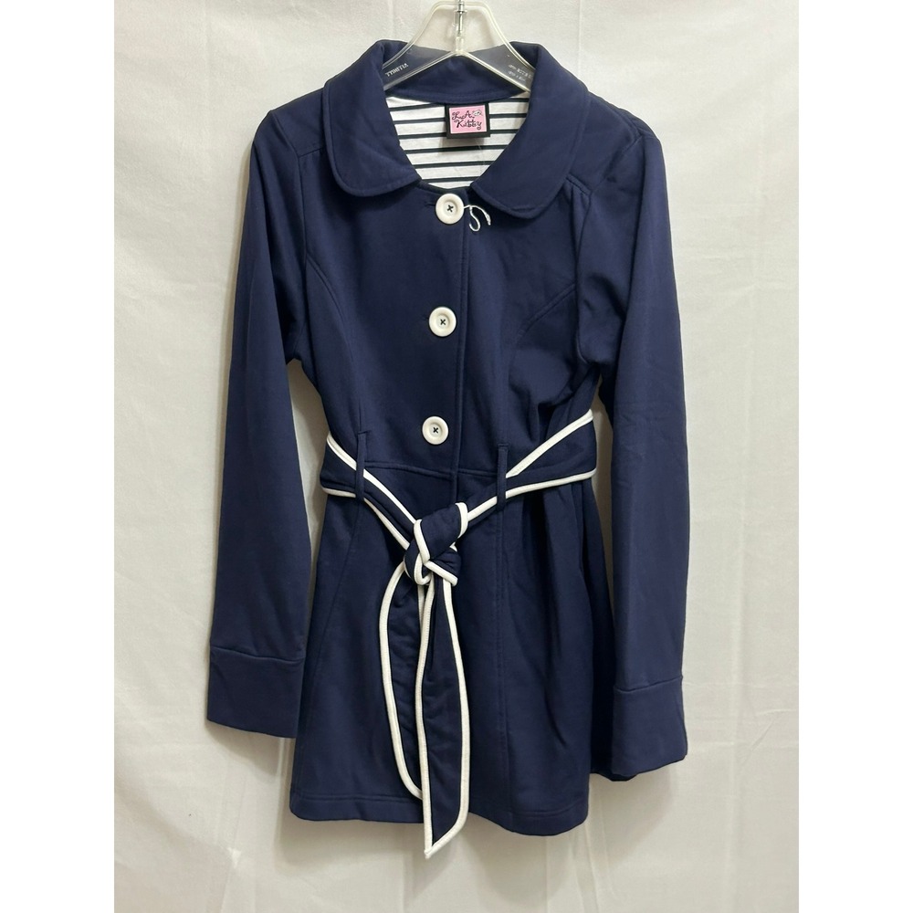 NWOT LA Kitty Navy Blue Nautical Knit Trench Jacket White Trim Belted Size XL